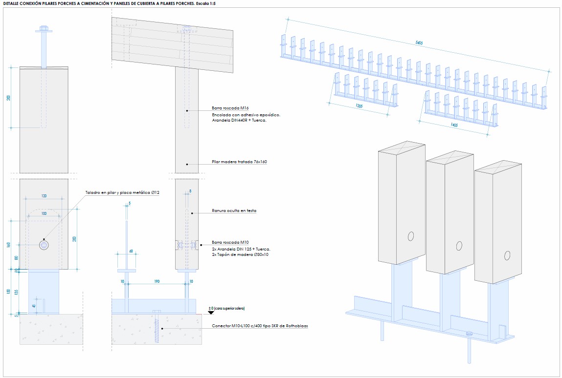 Detalle de conexión de los pilares de madera. Plano de Escuadría, Ingeniería en madera.