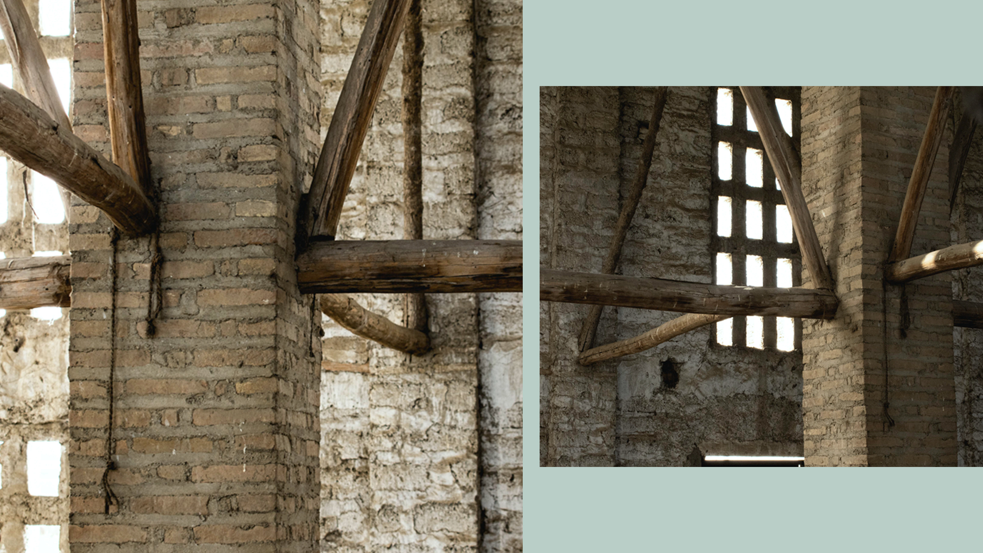 Detalle de encuentros entre pilastras de ladrillo y madera. Fotografías de Alfredo Ávila.