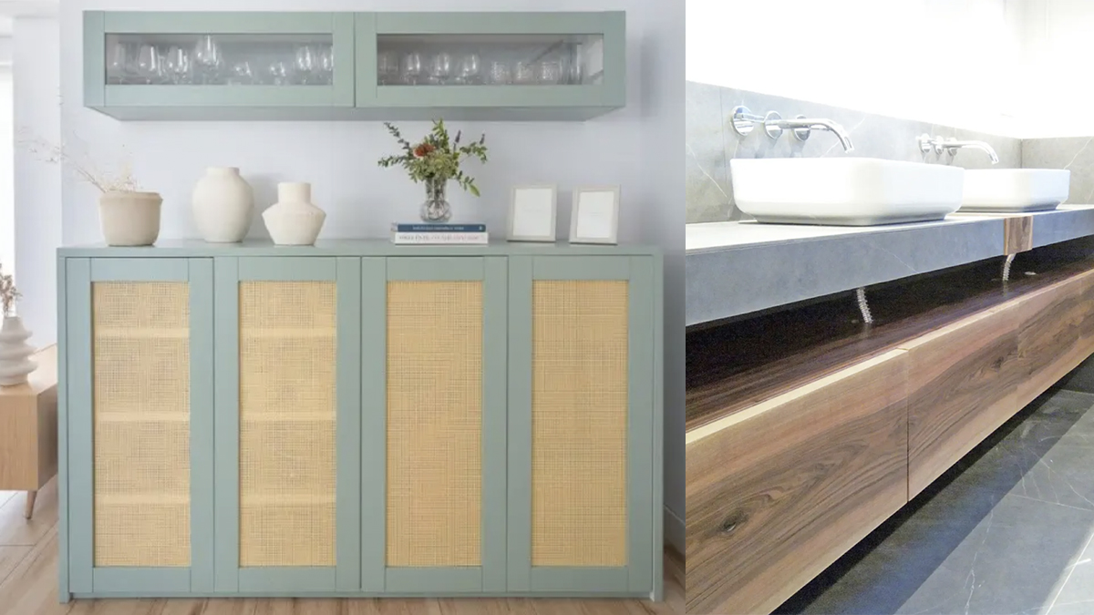 Alacena con rejilla y mueble de baño en nogal de Komorebi Fabrics