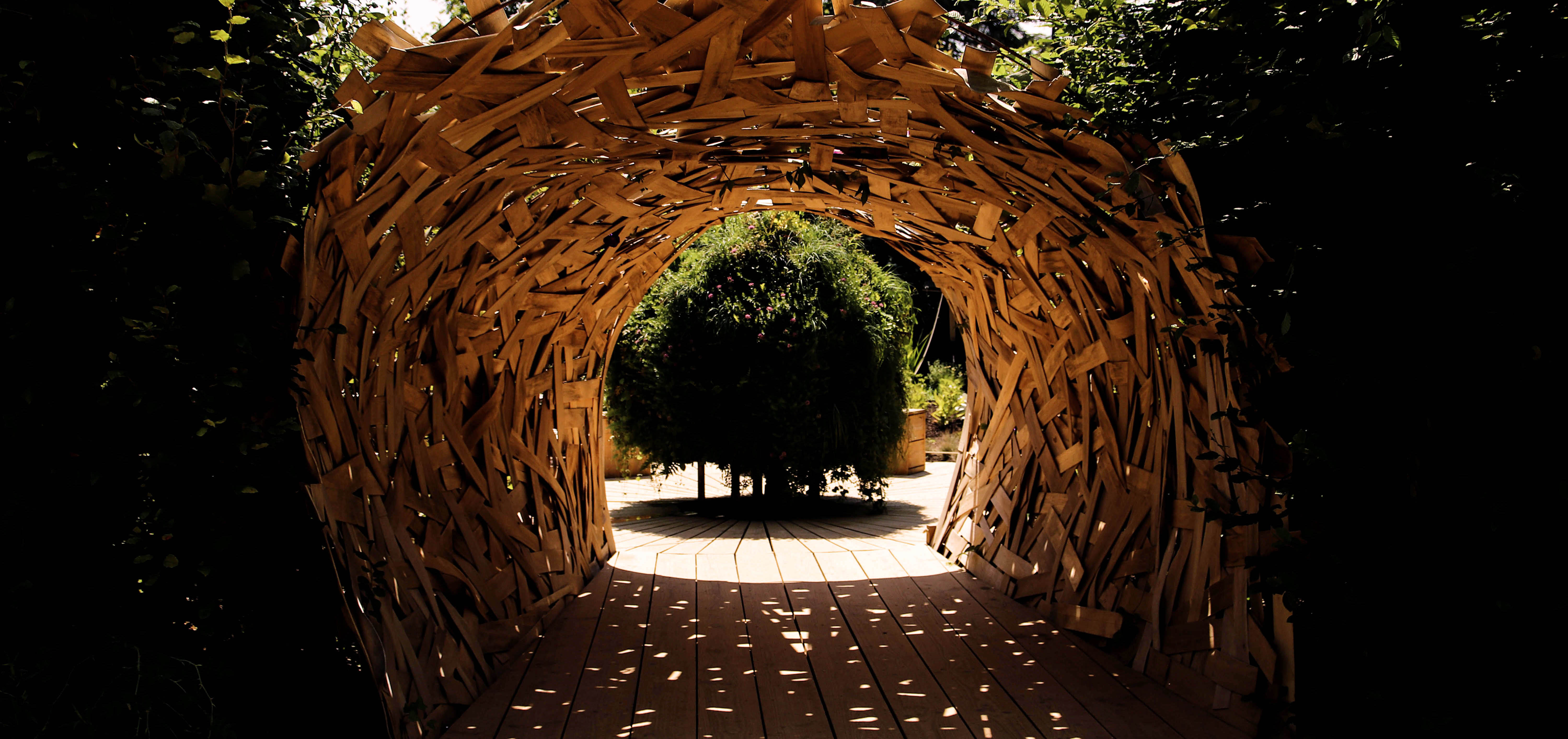 pérgola madera sombra túnel en jardín
